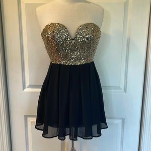 Black with gold sequined mini formal dress